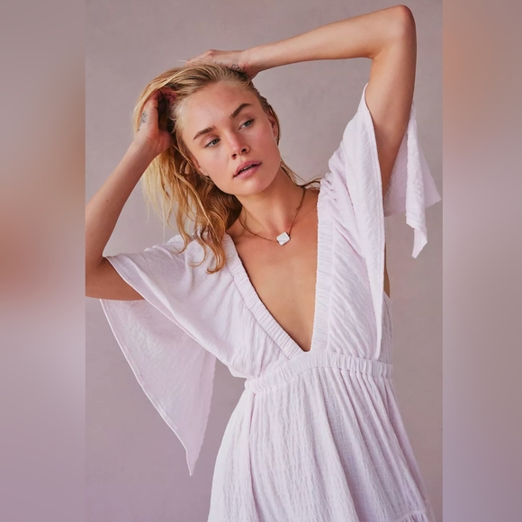 Free People Beach La La Maxi Dress V Neck Gauze Tiered Flutter Sleeve White L - Picture 5 of 16